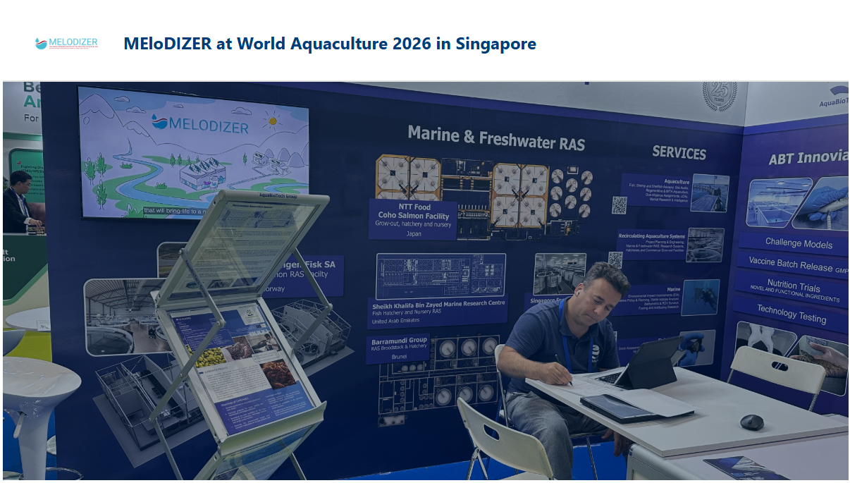 AquaBioTech representative at the MEloDIZER booth during World Aquaculture 2026 in Singapore, with project brochures and dissemination materials on display.